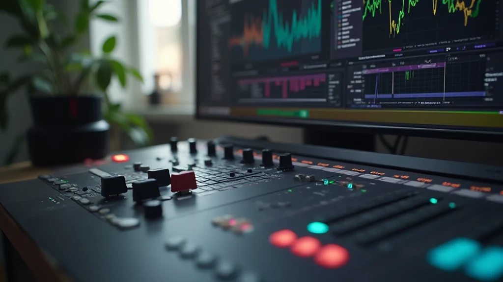 Mixer audio digitale con slider di volume per tracce multiple su schermo di editing