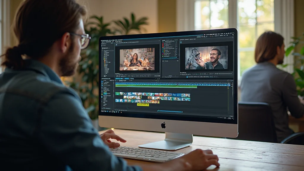 Timeline di editing video con tracce audio e video sovrapposte in software di editing professionale