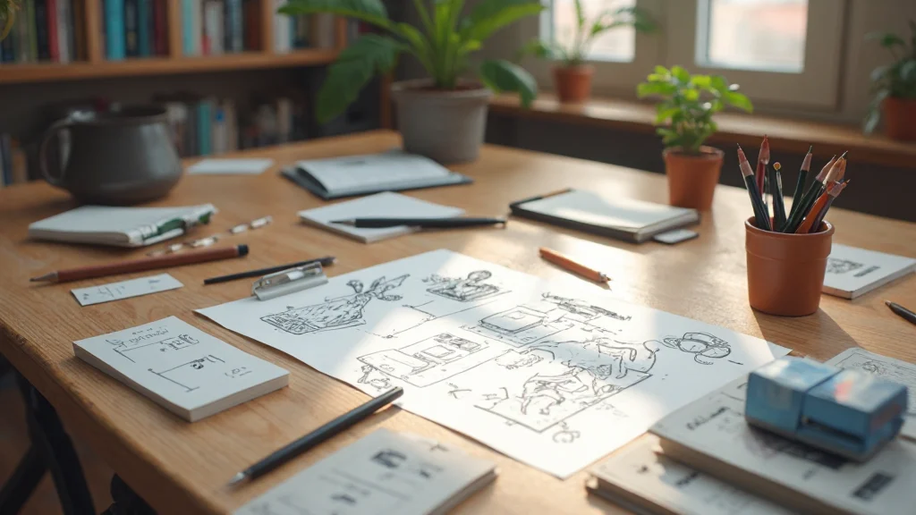 Strumenti di disegno disposti ordinatamente su tavolo: matite colorate, penne nere, righello e carta da disegno bianca