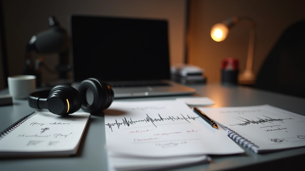 Cuffie professionali e microfono da studio su superficie grigia con appunti musicali
