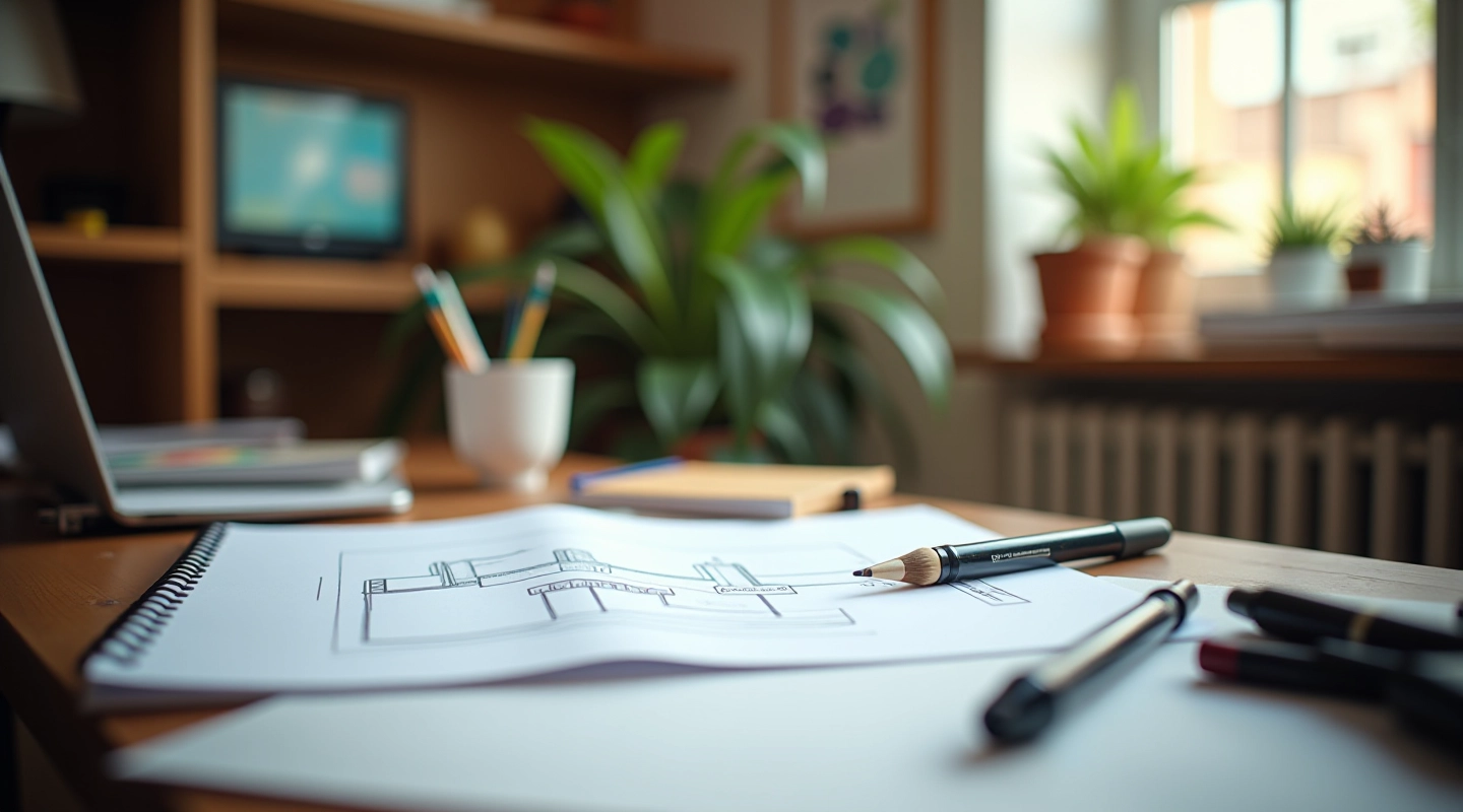 Studio di animazione moderno con tavolo da disegno, tablet e materiali creativi