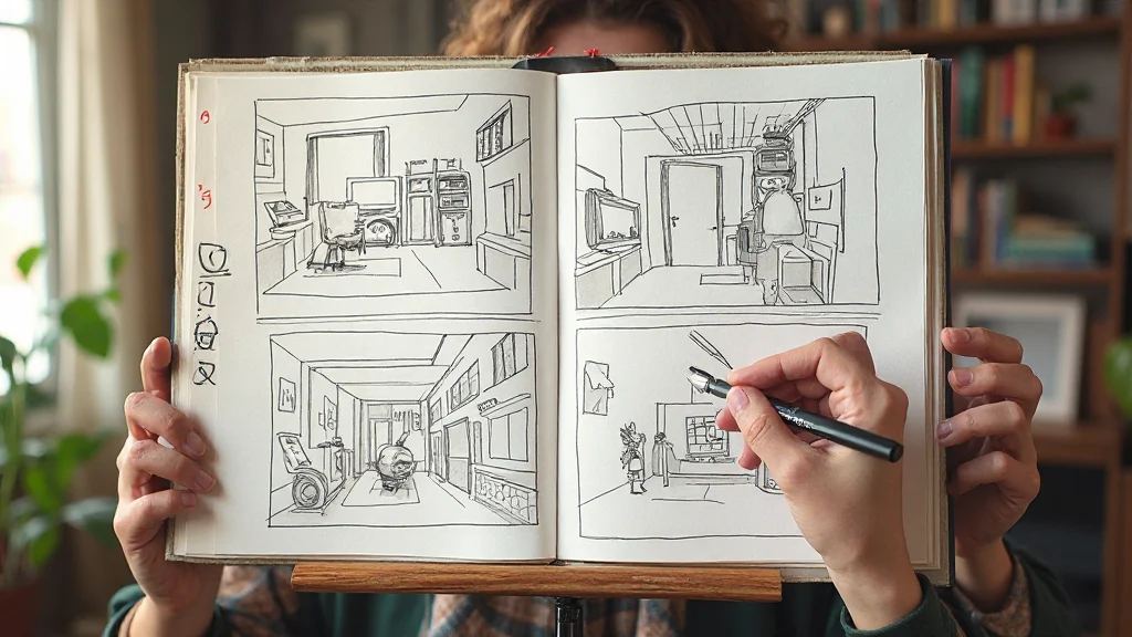 Foglio di carta con griglia di storyboard, sei riquadri disposti in due righe, annotazioni scritte a mano accanto a ogni scena