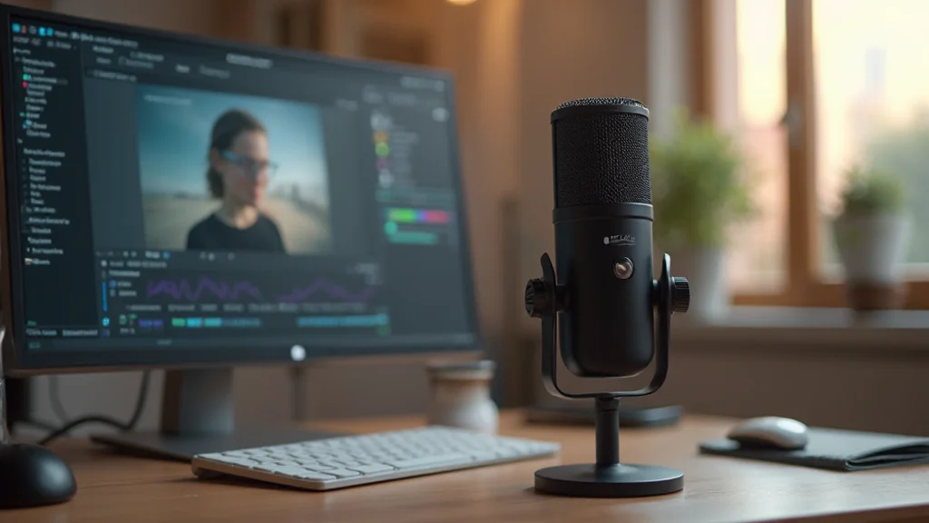 Microfono USB posizionato su supporto ammortizzato in studio di registrazione domestico