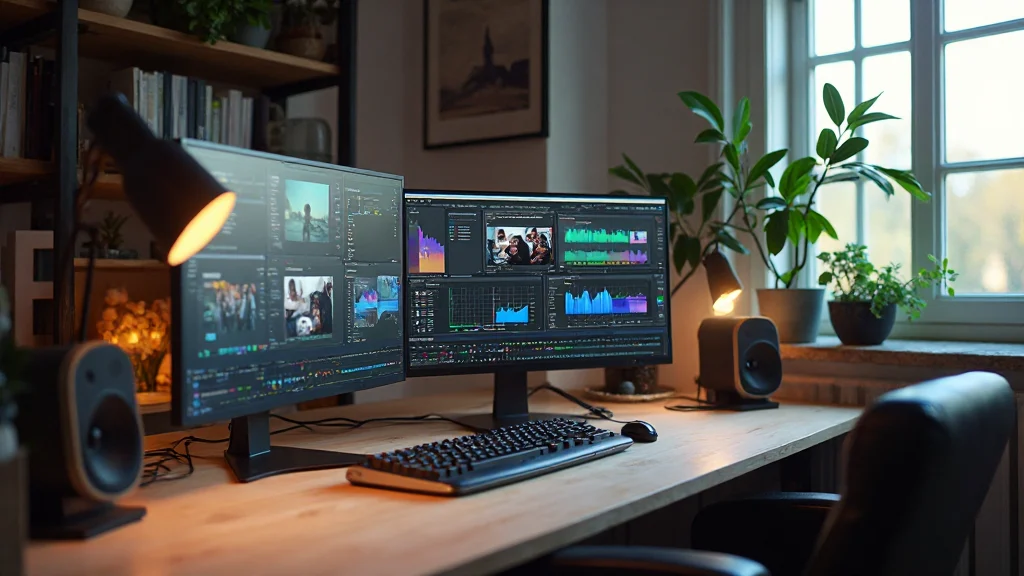 Tavolo da editing con monitor multipli che mostrano progetti finiti