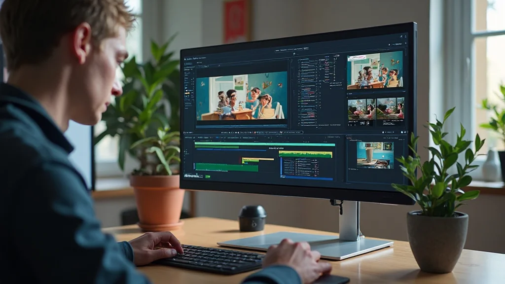 Diagramma comparativo di formati video moderni su monitor di editing professionale, con schermate di software di montaggio