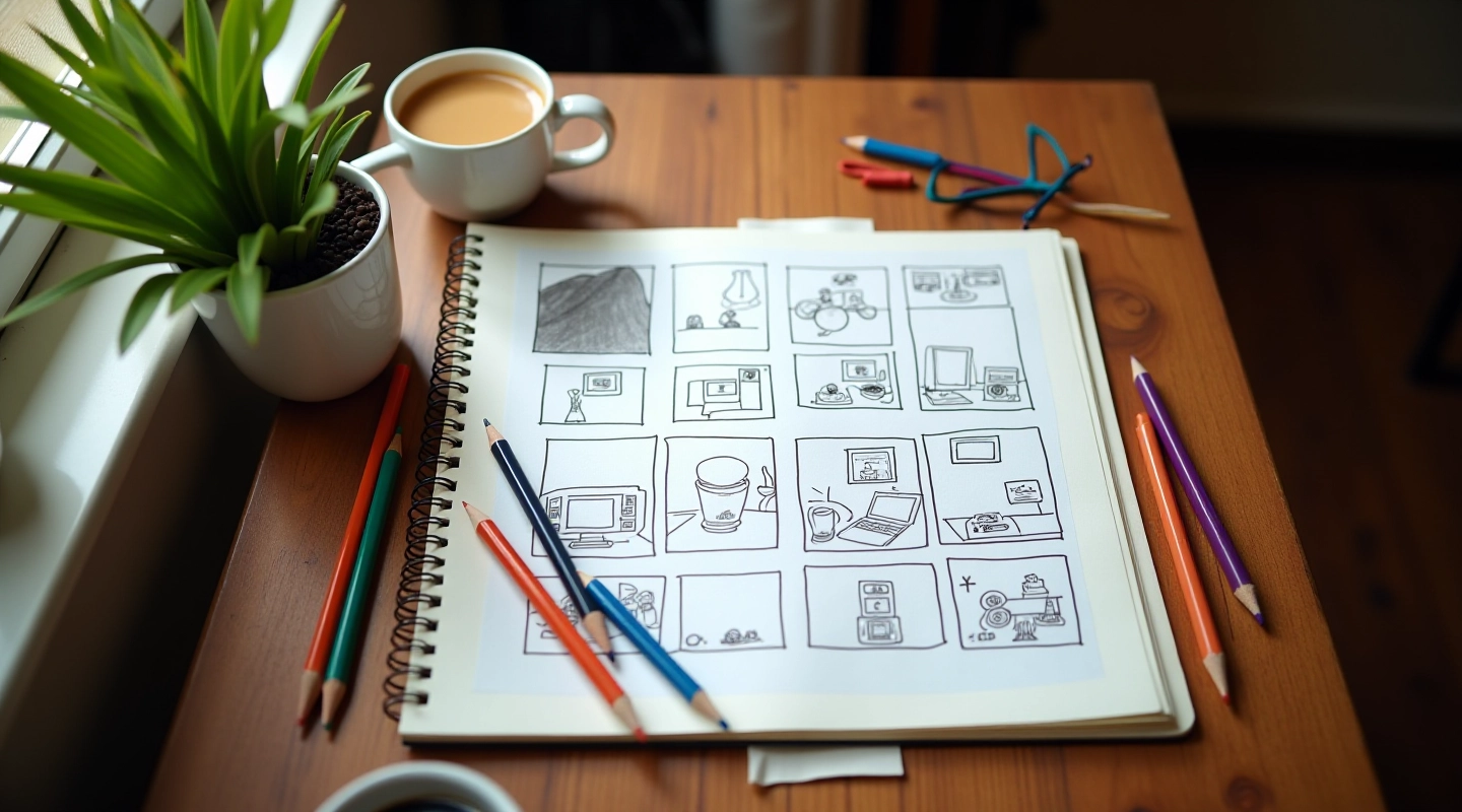 Tavolo da lavoro con matite colorate, taccuino aperto con schizzi e una tazza di caffè