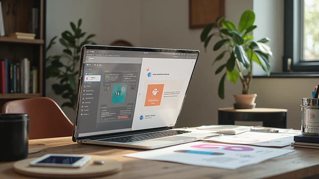 Tavolo da lavoro professionale con laptop aperto, fogli di storyboard sparsi e strumenti di design